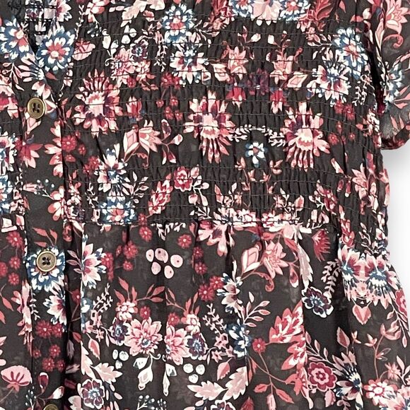 Knox Rose Sheer Blouse Women Size XS‎ Multicolor Floral Smocked Button Front - Picture 5 of 14